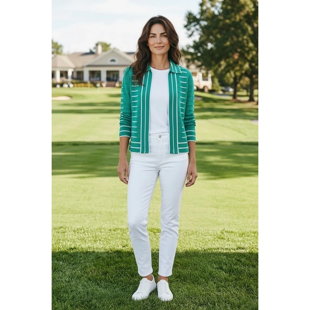 Vintage Mita Womens Green & White Cardigan Sweater Size 12 - L Sweater Golf Prep